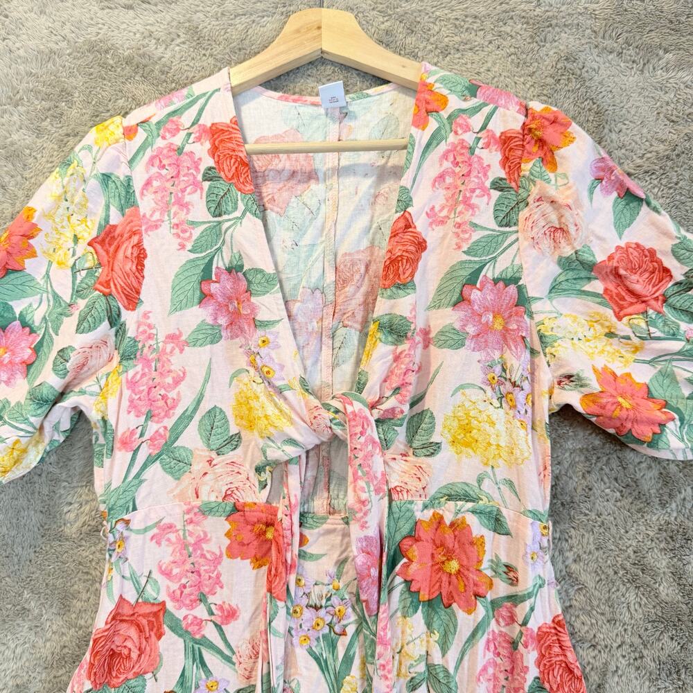 Old Navy Pink Floral Linen Midi Maxi Dress L Large Twist Tie Wrap Puff Sleeve - Picture 4 of 8